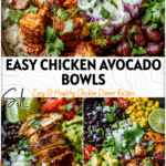 Colorful Chicken Avocado Burrito Bowls with rice, beans, and fresh toppings in a healthy Mexican bowl recipe chicken style.